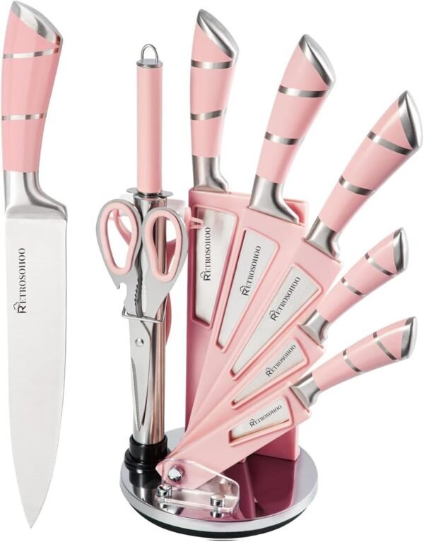 61q0rlZO-DL._AC_SL1500_ Review of RETROSOHOO Pink Kitchen Knife Set with Sharpener and Block