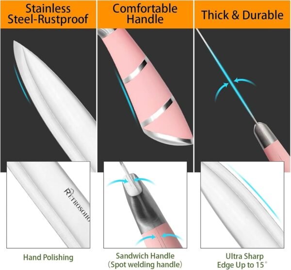 61s7gdn6-7L._AC_SL1500_ Review of RETROSOHOO Pink Kitchen Knife Set with Sharpener and Block