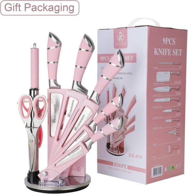 71M7gweqlTL._AC_SL1500_ Review of RETROSOHOO Pink Kitchen Knife Set with Sharpener and Block