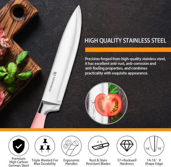 81MzFmUAIfL._AC_SL1500_ Review of RETROSOHOO Pink Kitchen Knife Set with Sharpener and Block