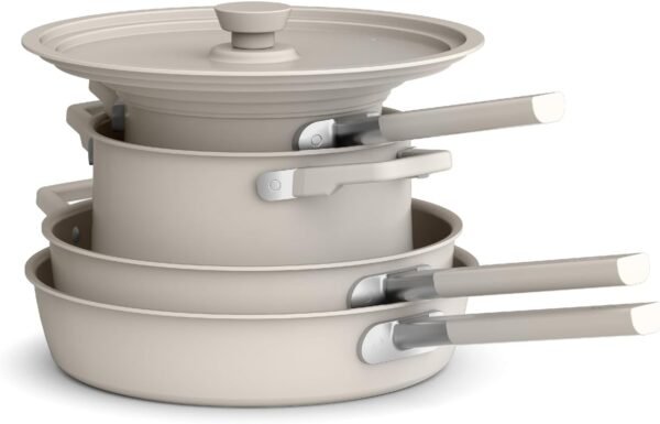 51WR1pDkChL._AC_SL1500_-1 bella 9 Piece Ceramic Nonstick Cookware Set, Fits-anywhere™ Kitchenware w EverGood™ Coating, Dishwasher & Oven Safe, All Stovetops Compatible, Stackable Design, Cool Touch Handles, Oatmilk