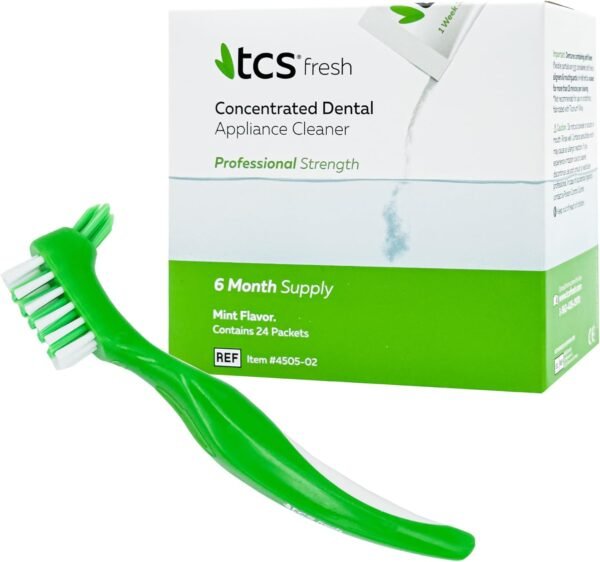 61OyaeErG8L._AC_SL1500_-2 TCS Fresh Concentrated Dental Appliance Cleaner Set, Professional Denture and Retainer Cleaner Powder with Soft Bristle Brush (24 Packets, 6 Month Supply, Mint Flavor)