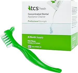 61OyaeErG8L.__AC_SX300_SY300_QL70_FMwebp_ TCS Fresh Concentrated Dental Appliance Cleaner Set, Professional Denture and Retainer Cleaner Powder with Soft Bristle Brush (24 Packets, 6 Month Supply, Mint Flavor)