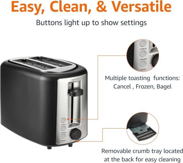 71Aow1nHVzL._AC_SL1500_-2 Amazon Basics 2 Slice Toaster, With 6 Browning Settings, Extra Wide Slots For Bagels and Special Breads, Removable Easy-to-Clean Crumb Tray, Cancel/Defrost/Bagel Buttons, 900W, Black & Silver