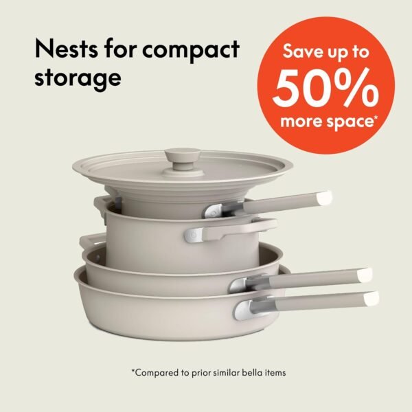 71FcKKptLEL._AC_SL1500_-1 bella 9 Piece Ceramic Nonstick Cookware Set, Fits-anywhere™ Kitchenware w EverGood™ Coating, Dishwasher & Oven Safe, All Stovetops Compatible, Stackable Design, Cool Touch Handles, Oatmilk
