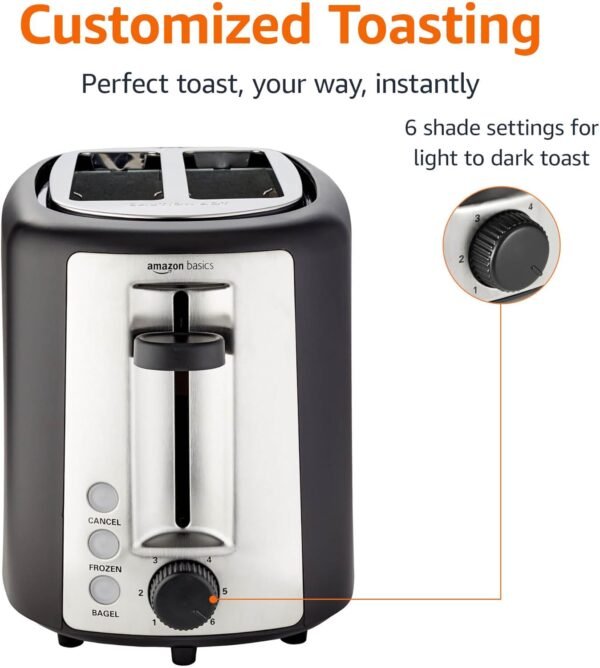 71KZ6PnLVCL._AC_SL1500_-2 Amazon Basics 2 Slice Toaster, With 6 Browning Settings, Extra Wide Slots For Bagels and Special Breads, Removable Easy-to-Clean Crumb Tray, Cancel/Defrost/Bagel Buttons, 900W, Black & Silver