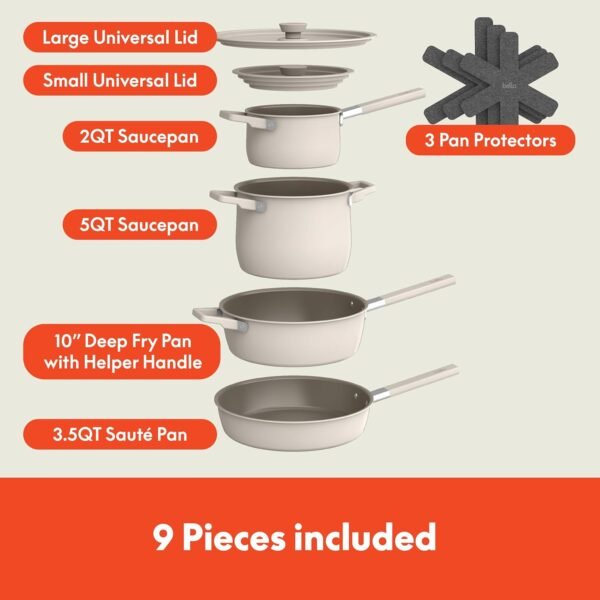 71UaOJcArL._AC_SL1500_-1 bella 9 Piece Ceramic Nonstick Cookware Set, Fits-anywhere™ Kitchenware w EverGood™ Coating, Dishwasher & Oven Safe, All Stovetops Compatible, Stackable Design, Cool Touch Handles, Oatmilk