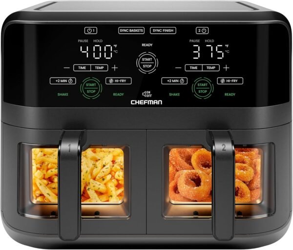 81YEwH21vL._AC_SL1500_-2 CHEFMAN 6 Quart Dual Basket Air Fryer Oven with Easy View Windows, Sync Finish, Hi-Fry, Auto Shutoff, 2 Independent 3Qt Nonstick Dishwasher Safe Frying Baskets, Digital Double Air Fryer - Black